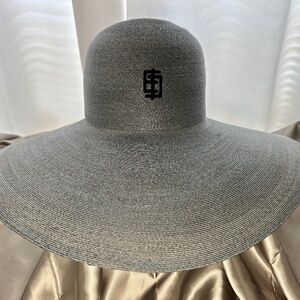 VINTAGE 1960s Emilio Pucci Blue Gray Wide Brim Floppy Straw Hat w/ Velvet Logo